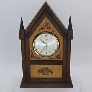 Vintage Bradley Wind Up Alarm Clock Wood Cathedral Mantel Clock Made Germany 60s